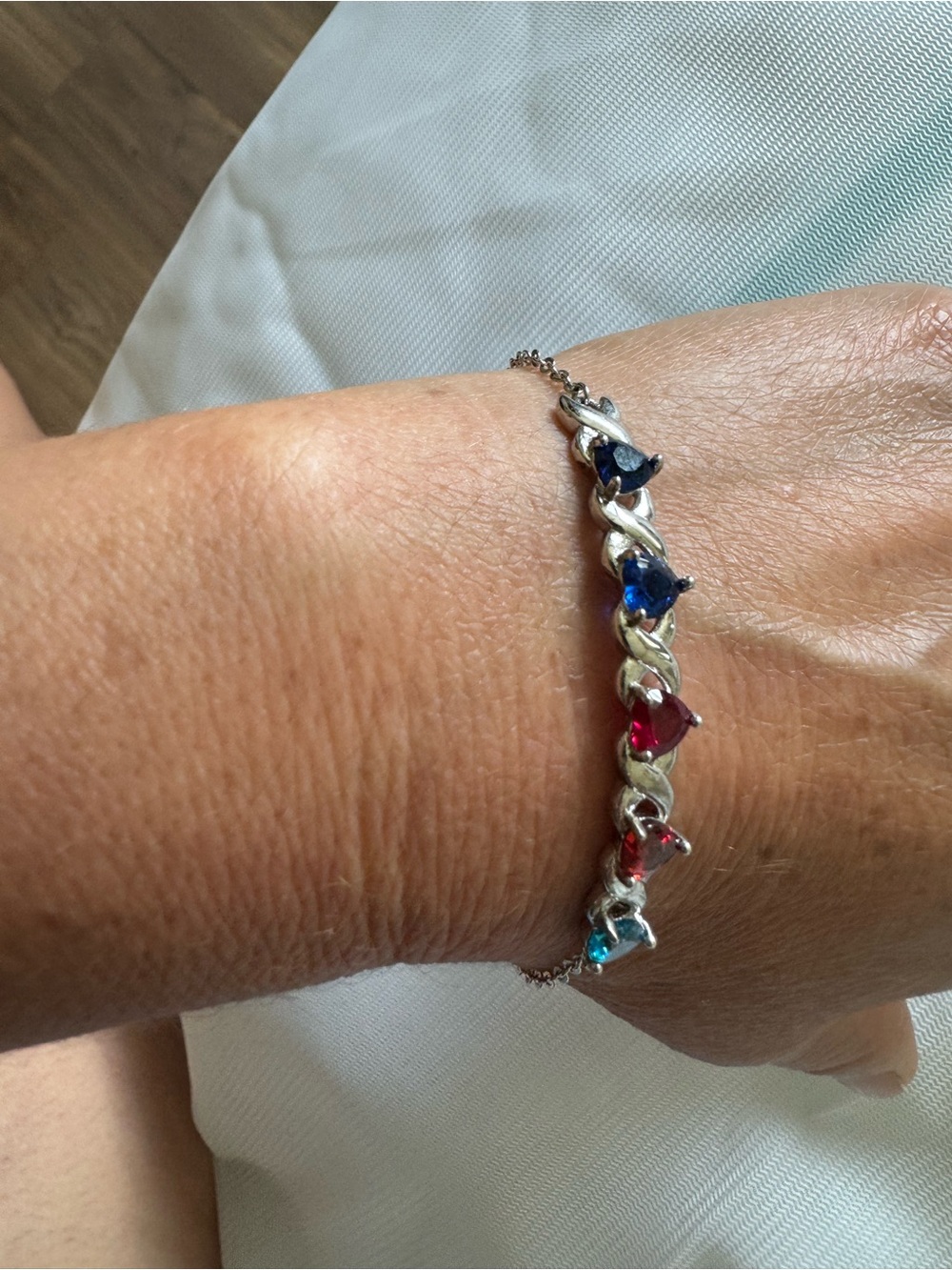 Sterling Silver Multi-Heart Gem Bracelet in Blue, Red, Teal